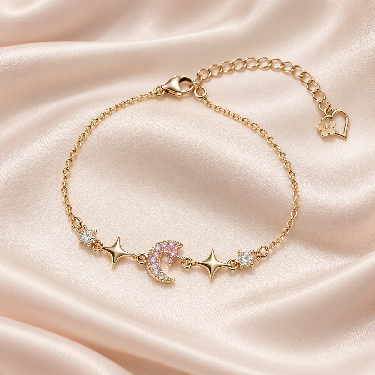 Starlit Crescent Bracelet, a delicate gold-tone chain with pink-iridescent crescent moon and two star accents, on ivory satin.