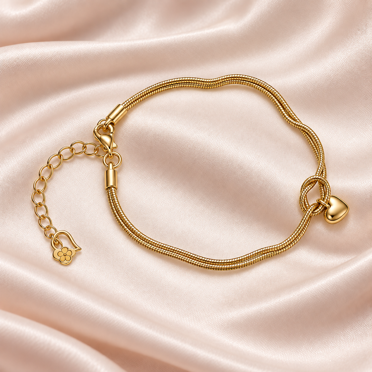 Golden Heart Knot Bracelet with double gold-tone chains, a small heart charm and extender, laid on champagne satin.