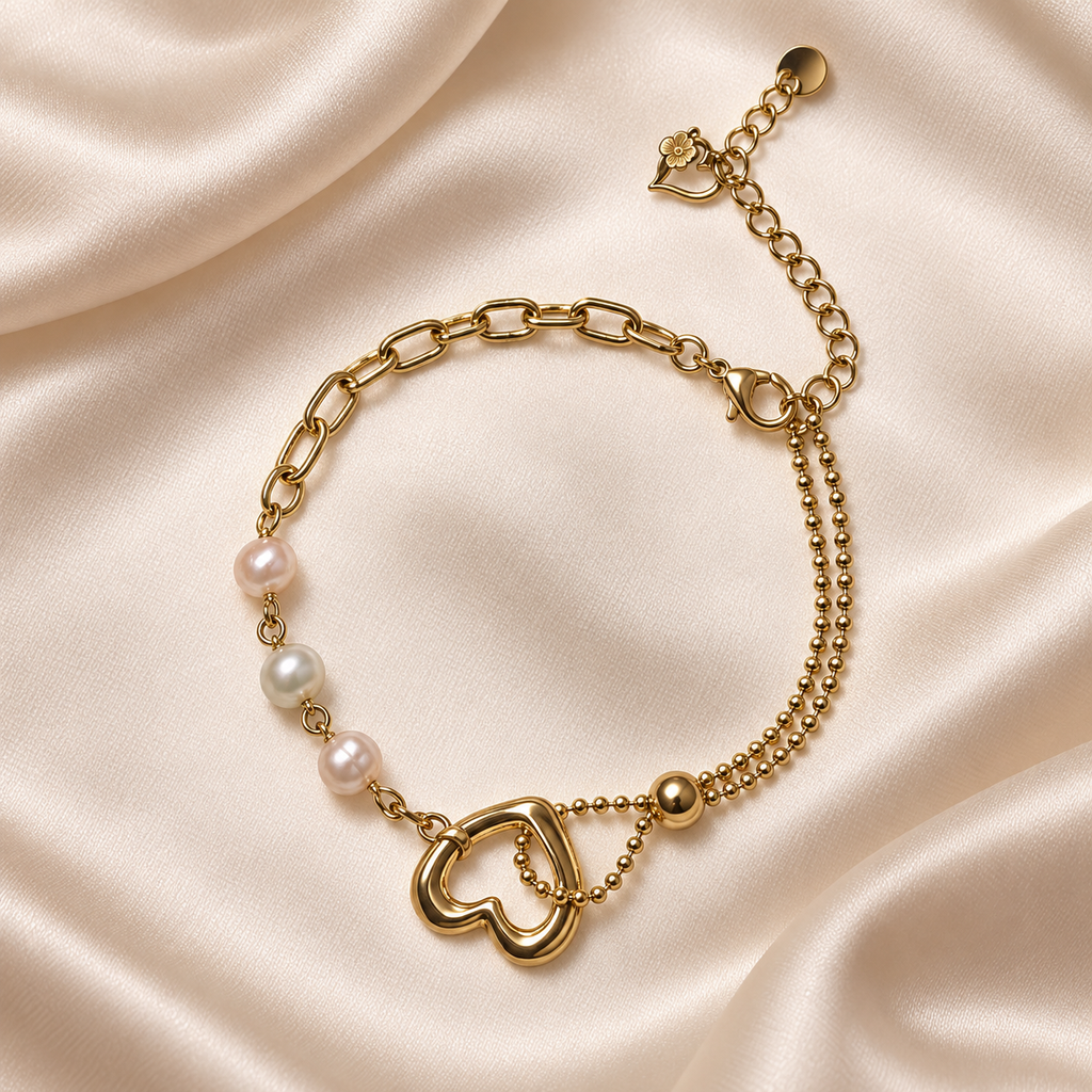 Golden Heart & Pearl-Style Bracelet with open heart, three pale beads and asymmetric gold-tone chains on satin