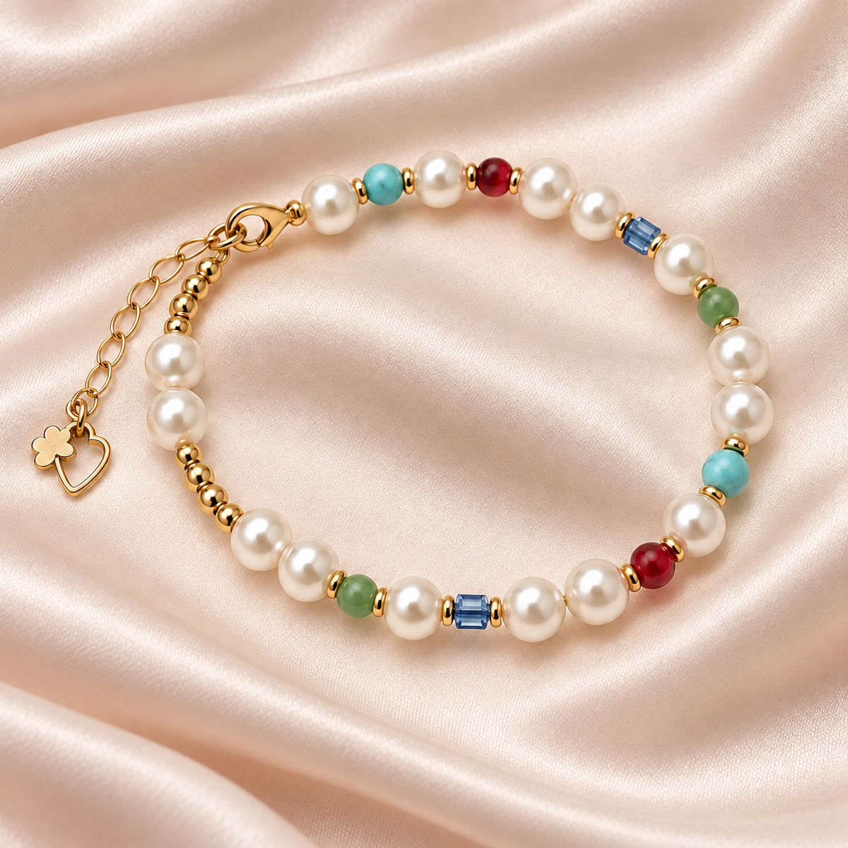Color Pop Pearl-Style Bracelet on champagne satin, showing white beads, colorful accents, gold-tone spacers, clasp and extender.
