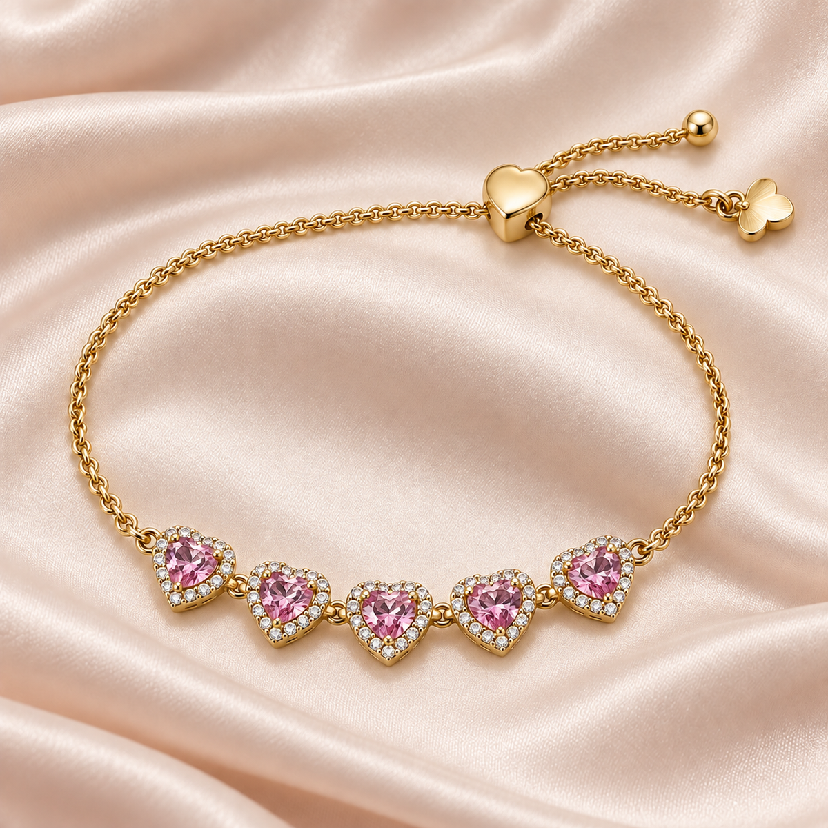Blush Heart Slider Bracelet with five pink heart accents and a gold-tone heart slider, laid on champagne satin.
