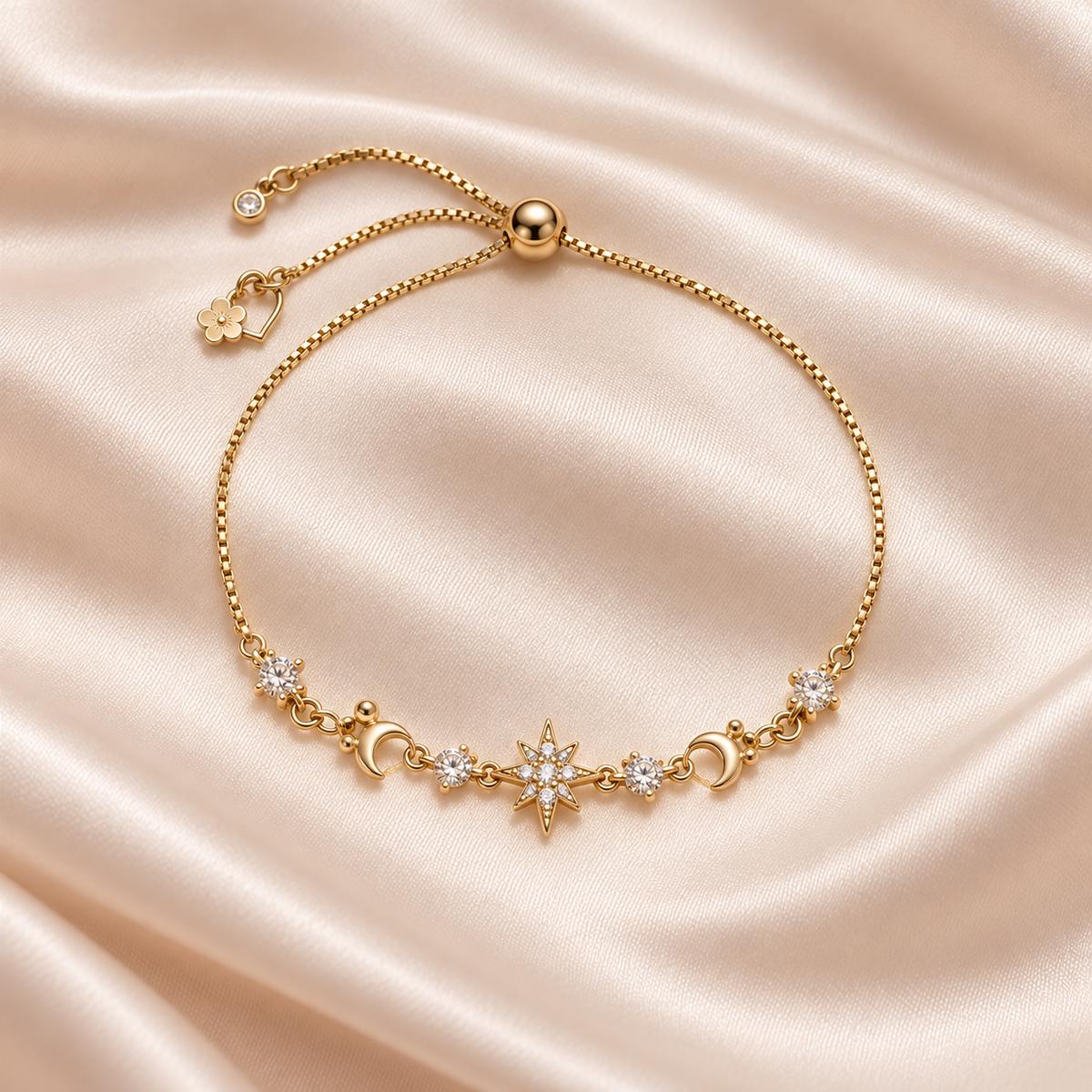 Celestial Sparkle Slider Bracelet arranged on pale champagne satin, showing its fine gold-tone adjustable chain, crescent details and central starburst.