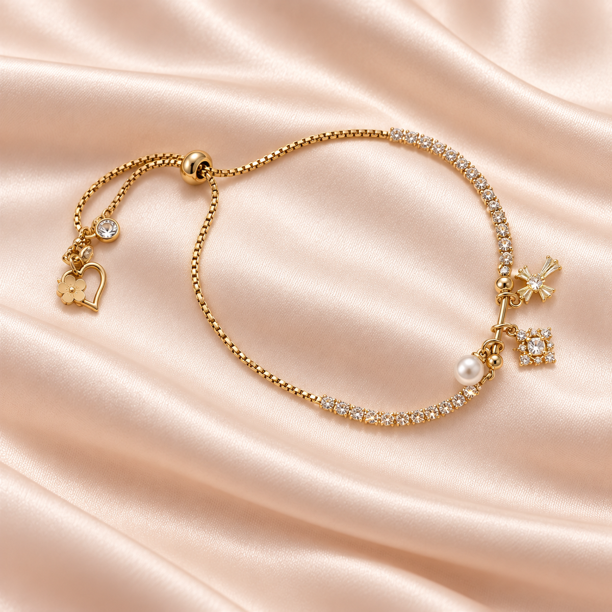 Golden Sparkle Charm Slider Bracelet on champagne satin, showing clear sparkling sections, a pearl-style bead, tiny charms and the adjustable slider.