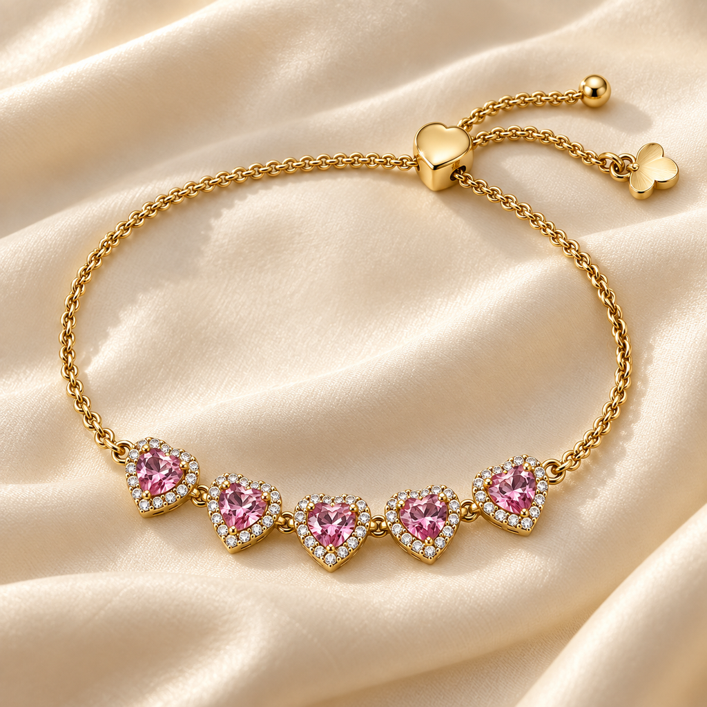 Five pink heart accents on the Blush Heart Slider Bracelet, arranged on cream satin with its gold-tone chain and heart-shaped slider visible.