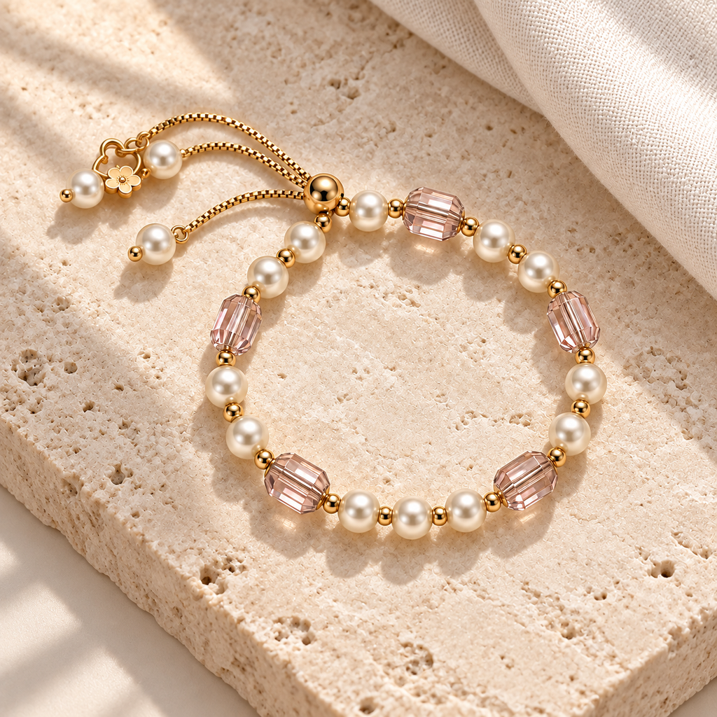 Blush Faceted Bead & Pearl-Style Bracelet styled on ivory stone and linen, with white beads, four blush faceted beads and gold-tone slider.