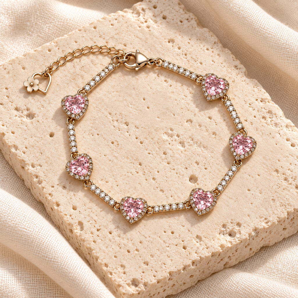 Blush Heart Sparkle Bracelet styled on ivory stone and linen, showing its six pink heart settings and clear sparkle links.