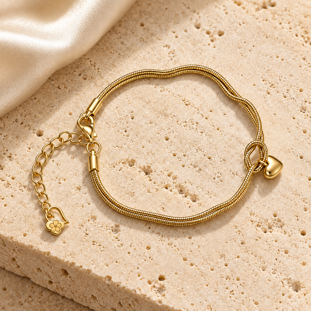 Golden Heart Knot Bracelet styled on beige stone with its double gold-tone chains, central knot, and small heart charm visible.