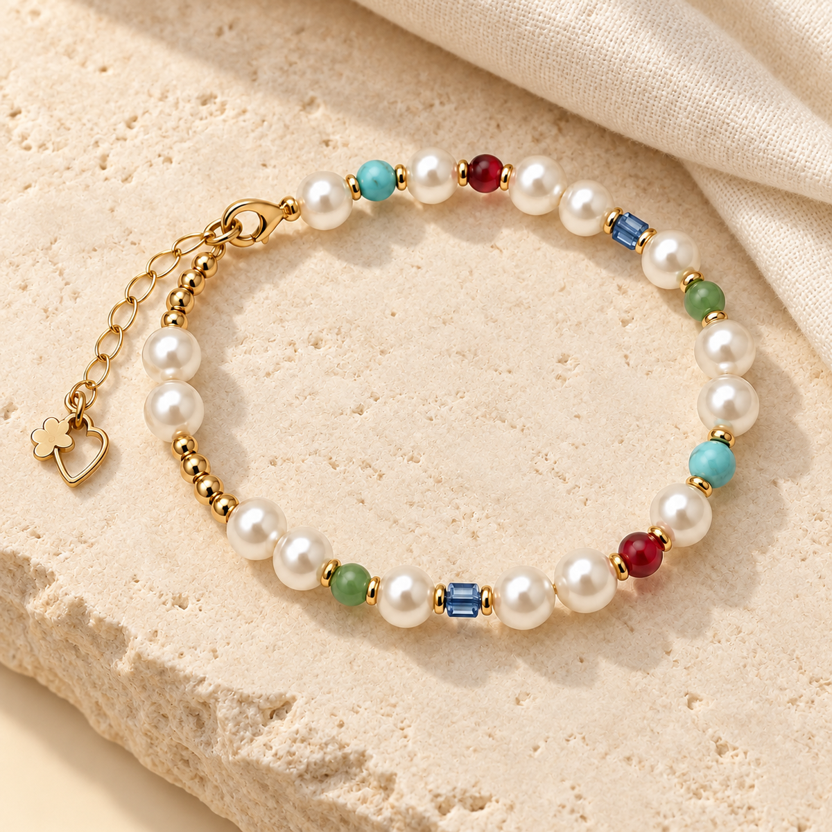 Color Pop Pearl-Style Bracelet styled on beige stone with white pearl-style beads and blue, green, red and turquoise accents.
