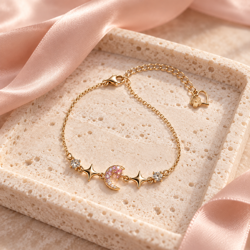Gold-tone Starlit Crescent Bracelet with pink-iridescent moon and stars displayed on a pale stone tray with blush satin.
