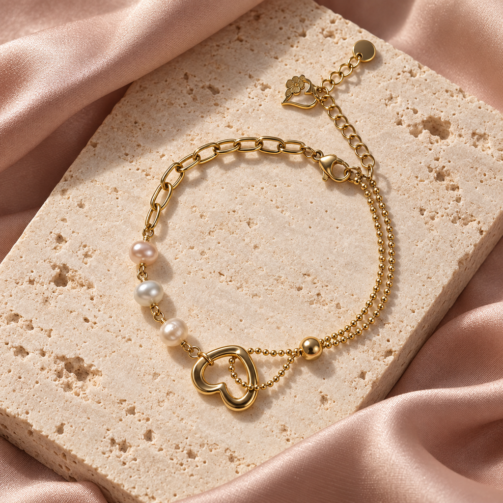 Gold-tone heart and pearl-style bracelet styled on pale stone with paperclip links and double beaded chains