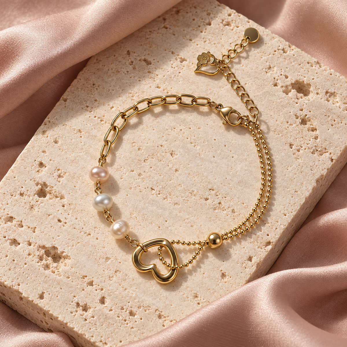 Gold-tone heart and pearl-style bracelet styled on pale stone with paperclip links and double beaded chains