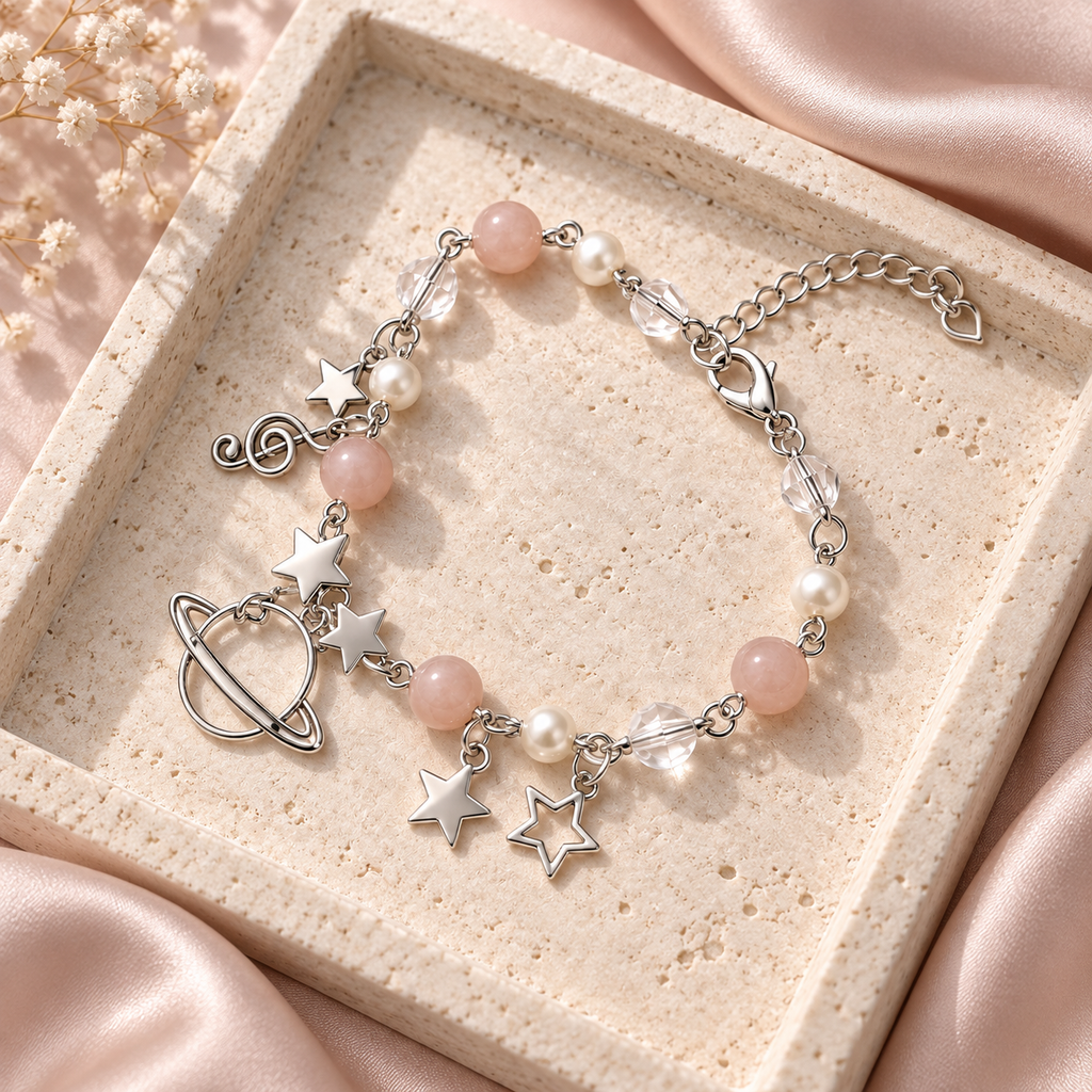 Silver-tone Celestial Orbit Charm Bracelet with planet and star charms and blush beads displayed on a pale stone tray.