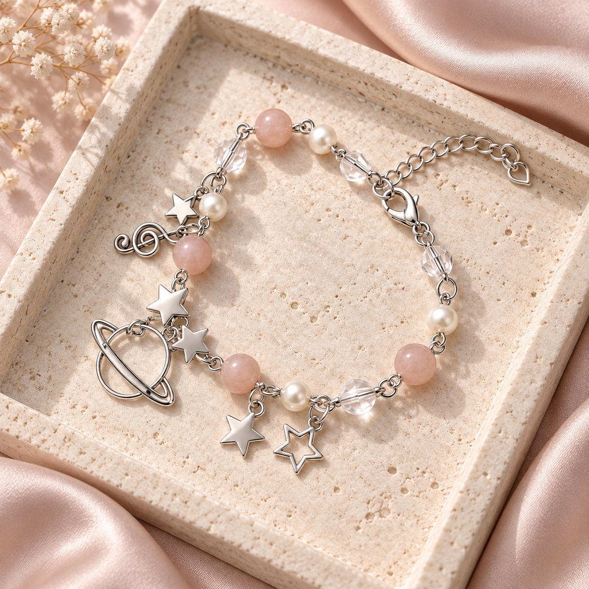 Silver-tone Celestial Orbit Charm Bracelet with planet and star charms and blush beads displayed on a pale stone tray.