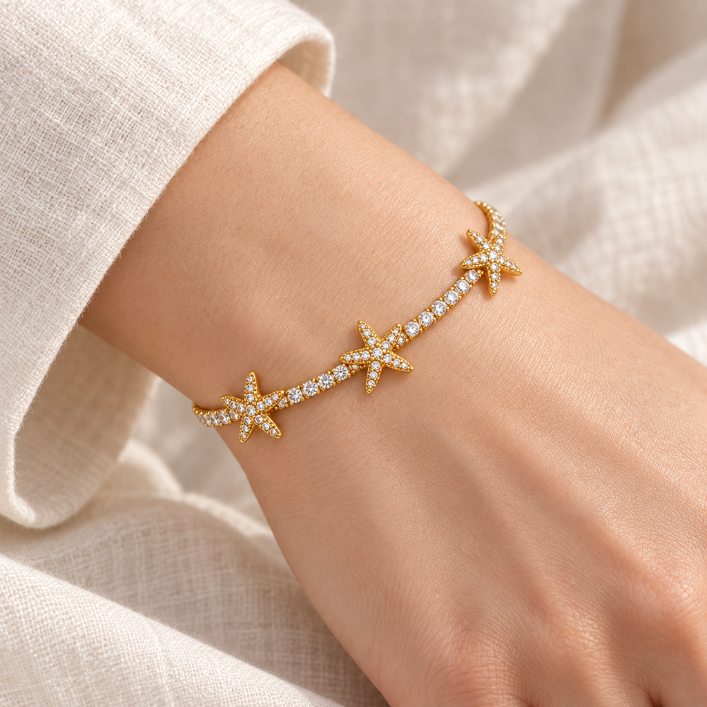 Close-up of the Starfish Sparkle Bracelet fastened snugly around a wrist, with three sparkling starfish across the top.