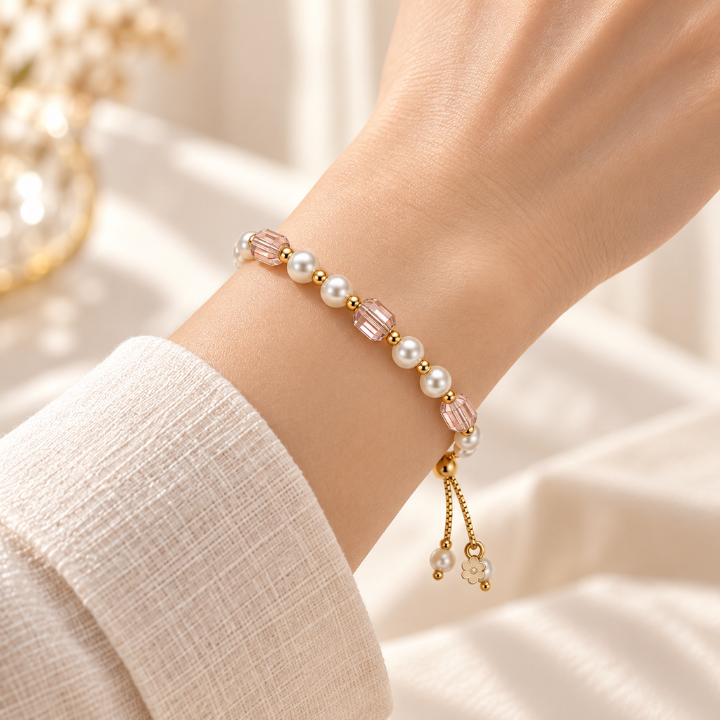 Close-up of the Blush Faceted Bead & Pearl-Style Bracelet fitted snugly around a wrist, with white beads, blush faceted accents and short slider tails.