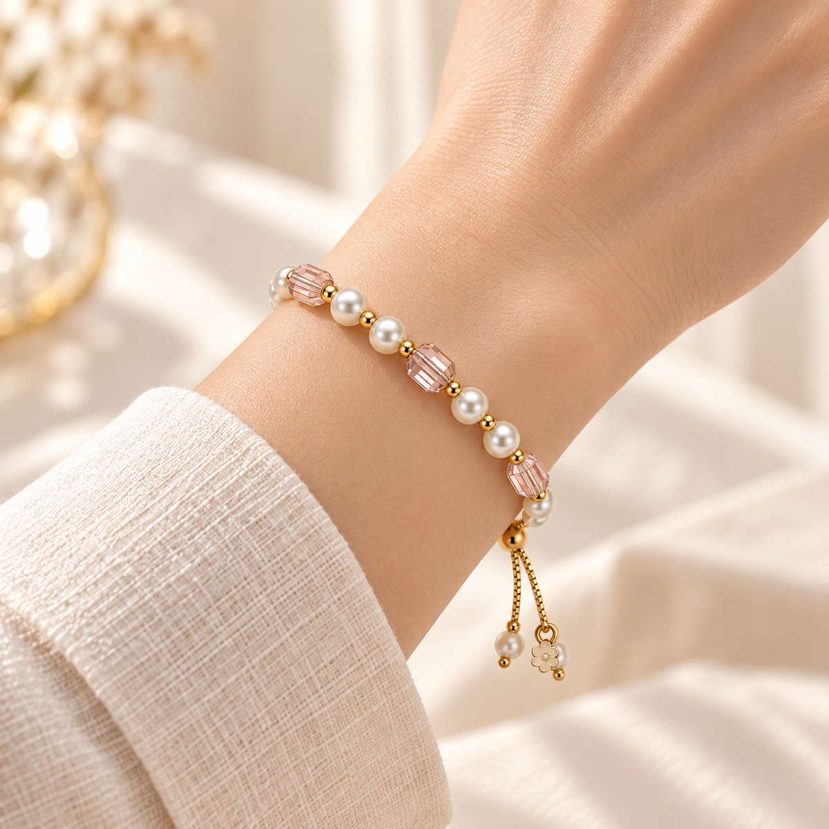 Close-up of the Blush Faceted Bead & Pearl-Style Bracelet fitted snugly around a wrist, with white beads, blush faceted accents and short slider tails.