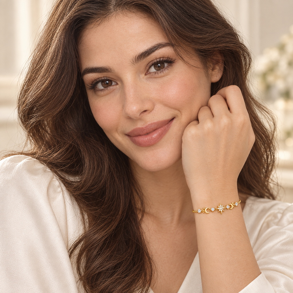 Full-face model portrait wearing the Celestial Sparkle Slider Bracelet snugly on a raised wrist, with its fine gold-tone chain and starburst visible.