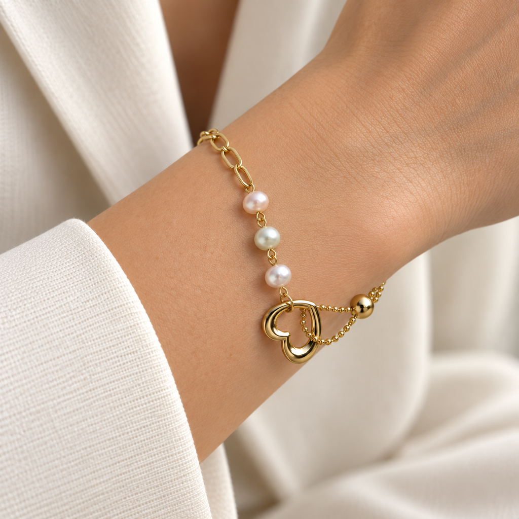 Golden heart and three pearl-style beads in a snug closed loop around a model wrist