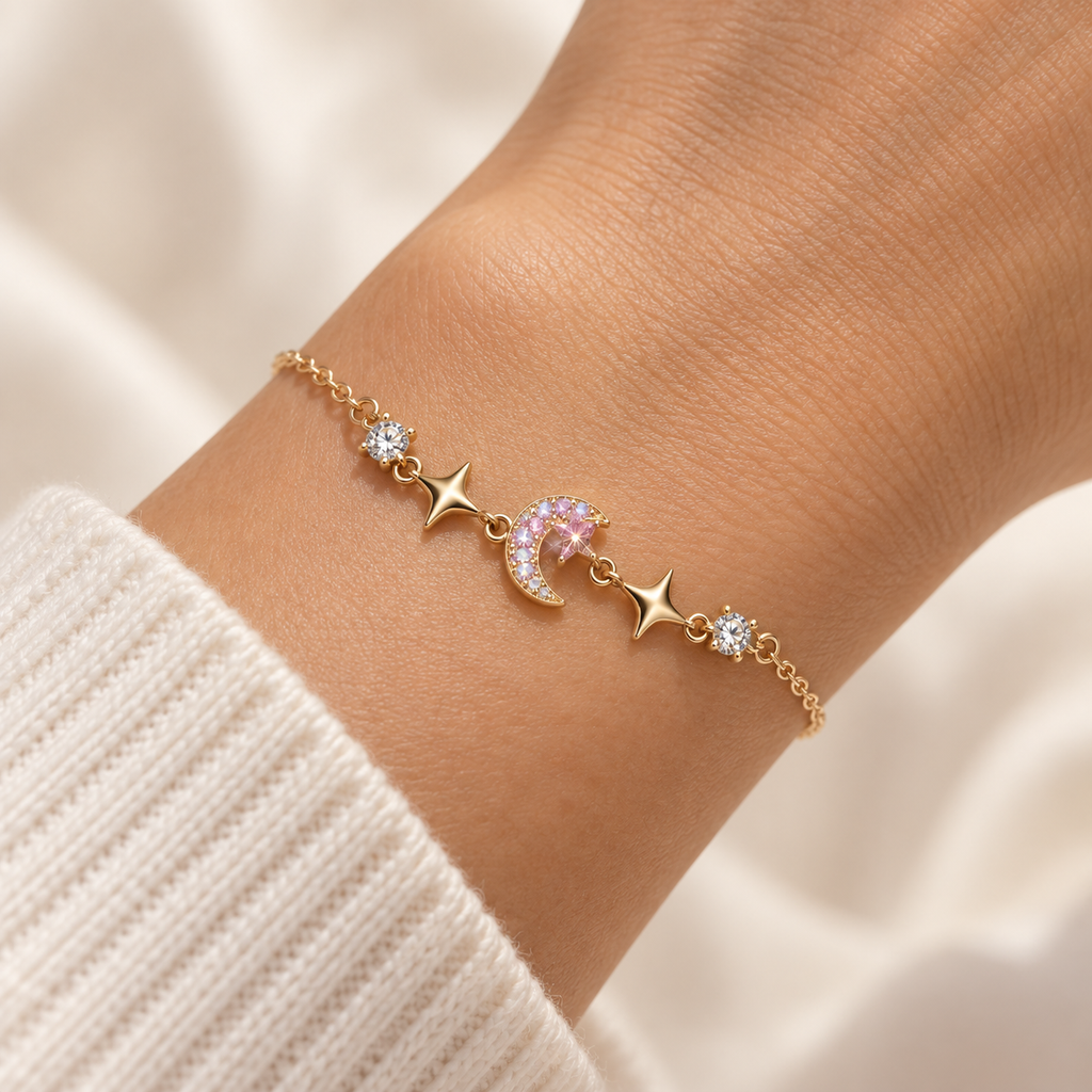 Close-up on a wrist of the Starlit Crescent Bracelet, showing its gold-tone chain, pink-iridescent crescent, and star details.