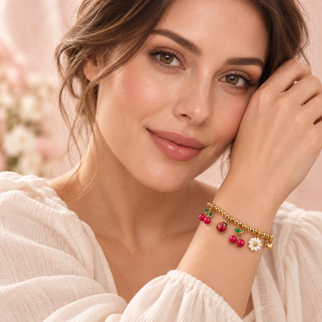Model showing her face and the gold-tone Cherry Garden charm bracelet with cherries, ladybug, daisy, and heart worn snugly on her wrist