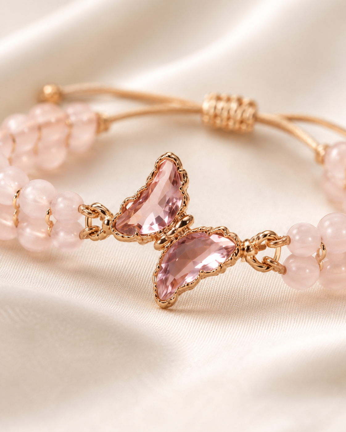Close-up of pink butterfly centerpiece with gold-tone details and soft blush pink beads.
