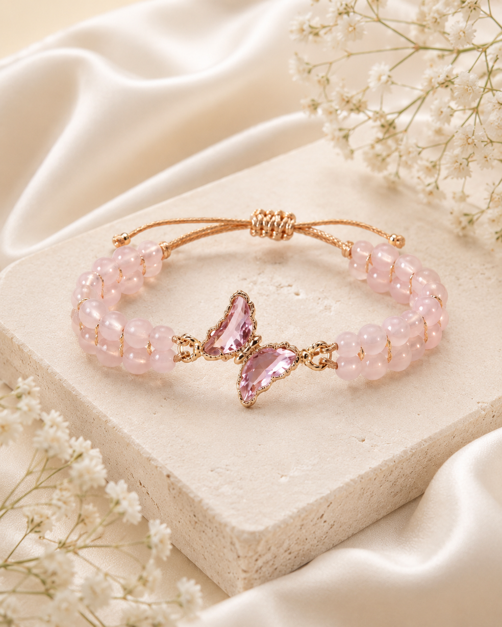 Blush Butterfly Bracelet with light pink beads, gold-tone adjustable rope, and pink butterfly centerpiece on satin fabric.