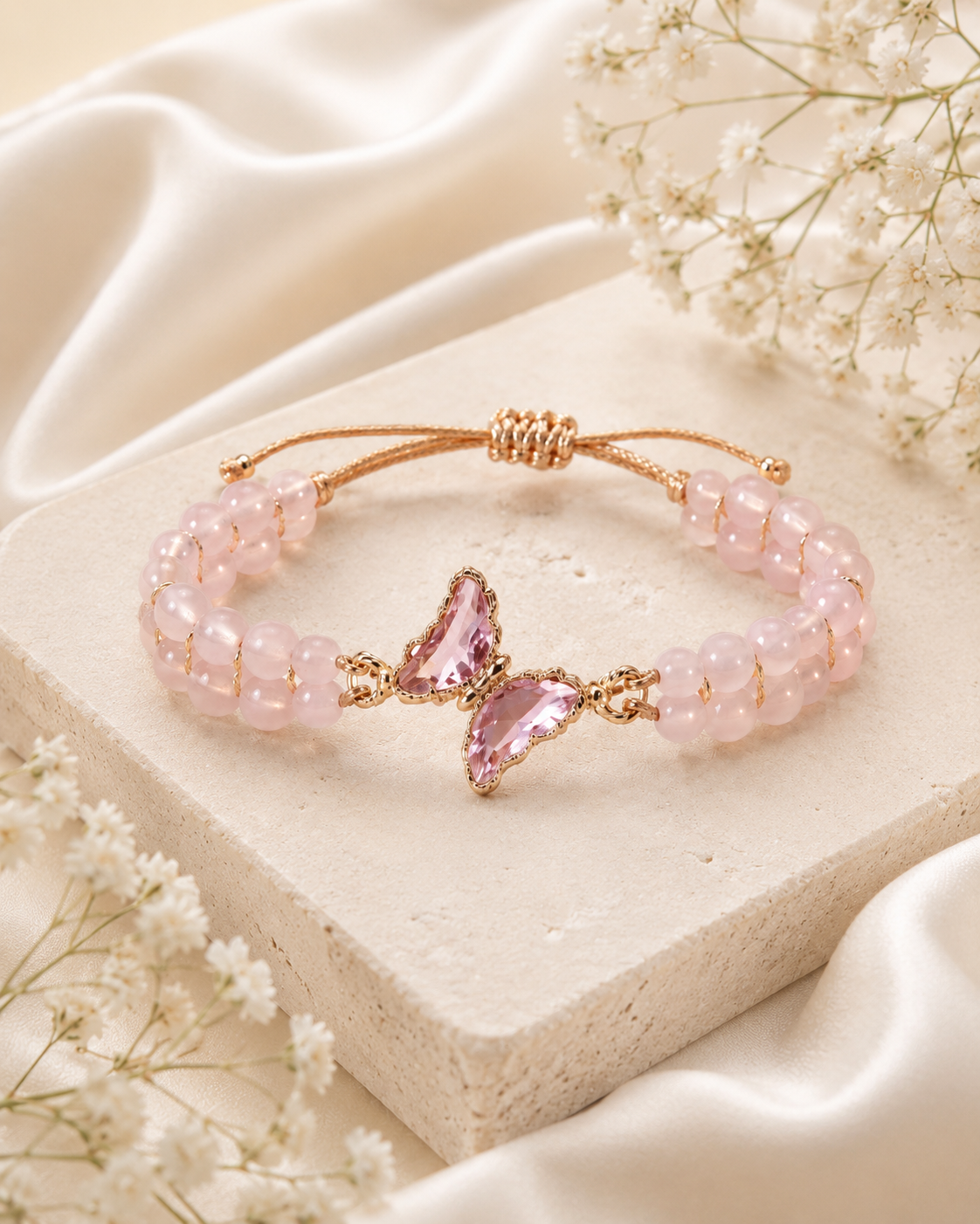 Blush Butterfly Bracelet with light pink beads, gold-tone adjustable rope, and pink butterfly centerpiece on satin fabric.