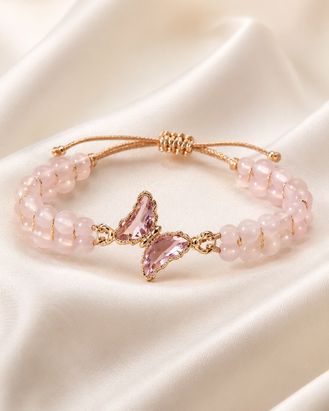 Pink butterfly bracelet displayed on a neutral stone tray with satin fabric and soft floral styling.