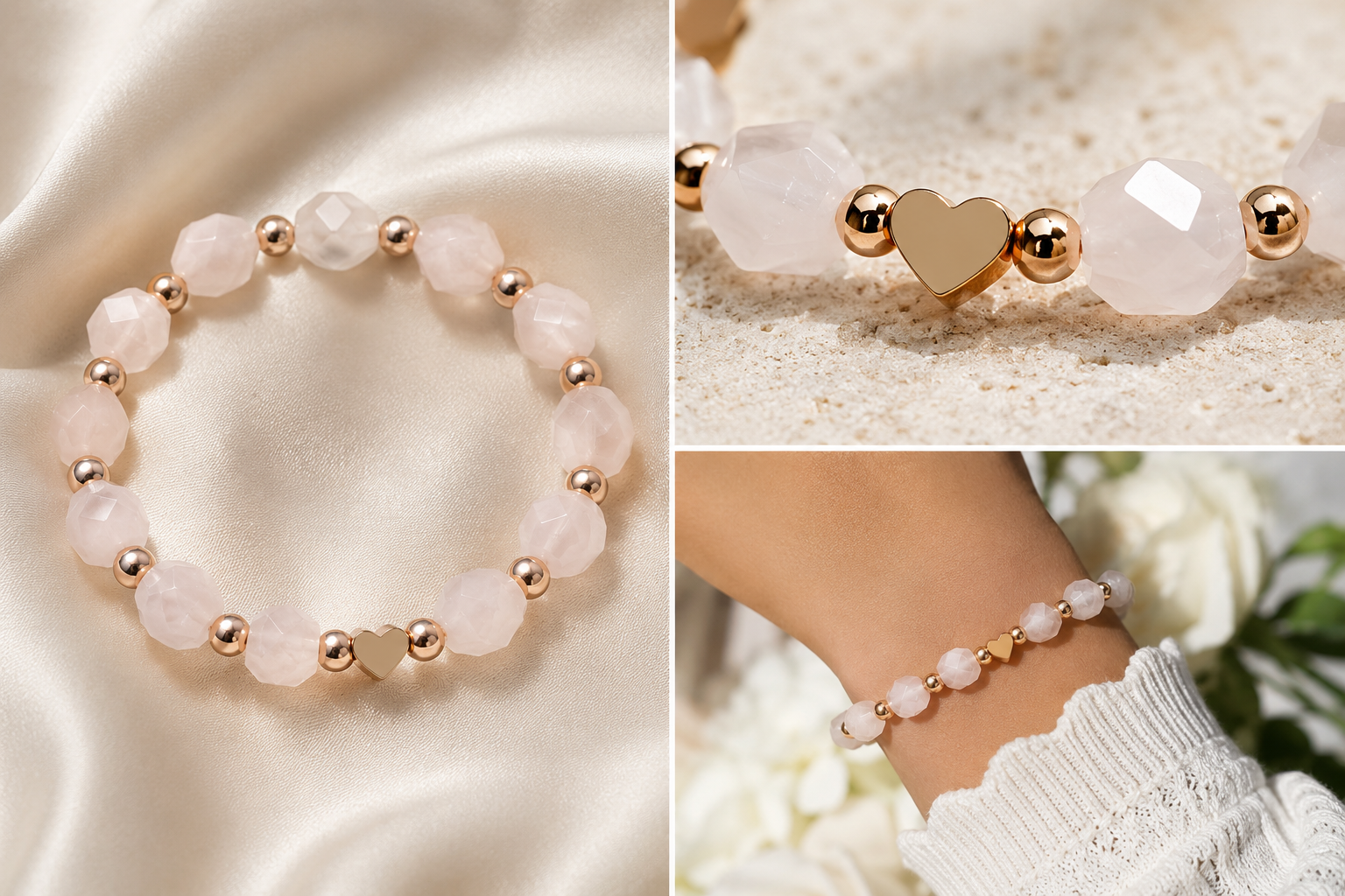 Blush Heart Bracelet shown on satin, close up, and worn on wrist with soft neutral styling.