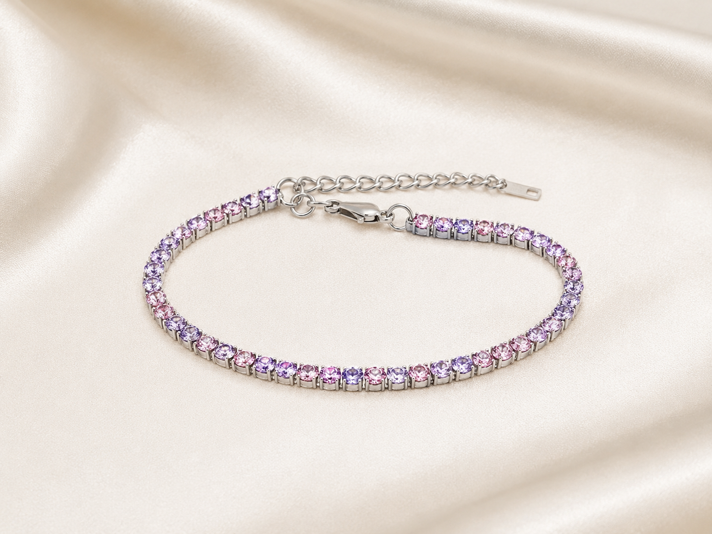 Full view of Blush Shimmer Bracelet with pastel pink and lavender stones, silver-tone clasp, and adjustable extender chain.
