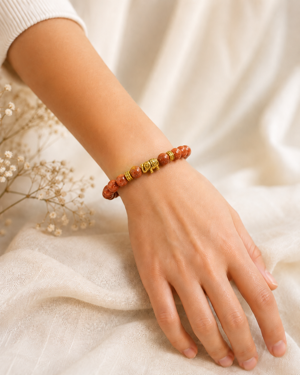 Golden Elephant Bracelet displayed on a neutral stone tray with soft satin fabric and warm luxury styling.

