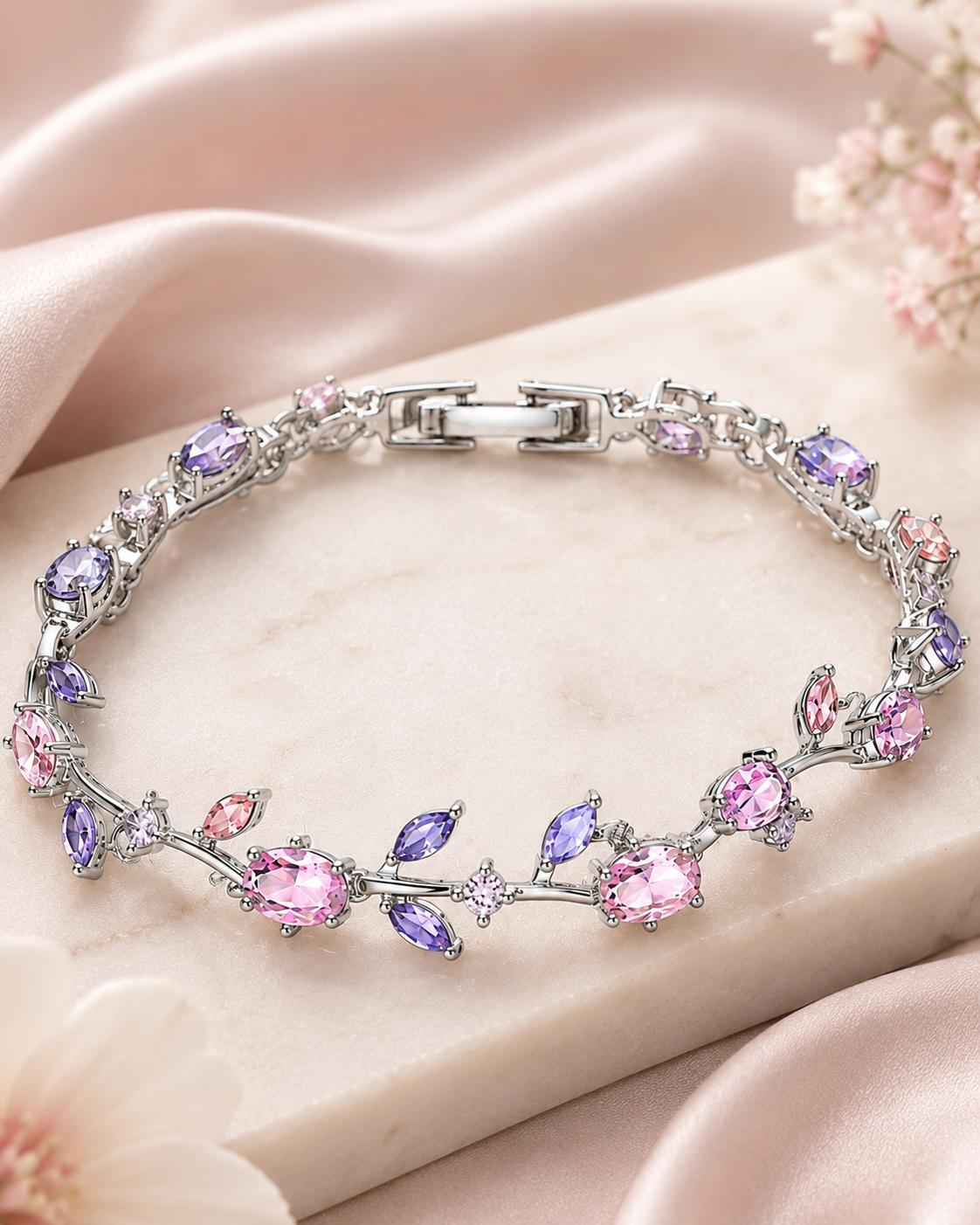 Close-up of Pastel Garden Bracelet showing pink and lavender gemstones in a delicate silver-tone vine setting.