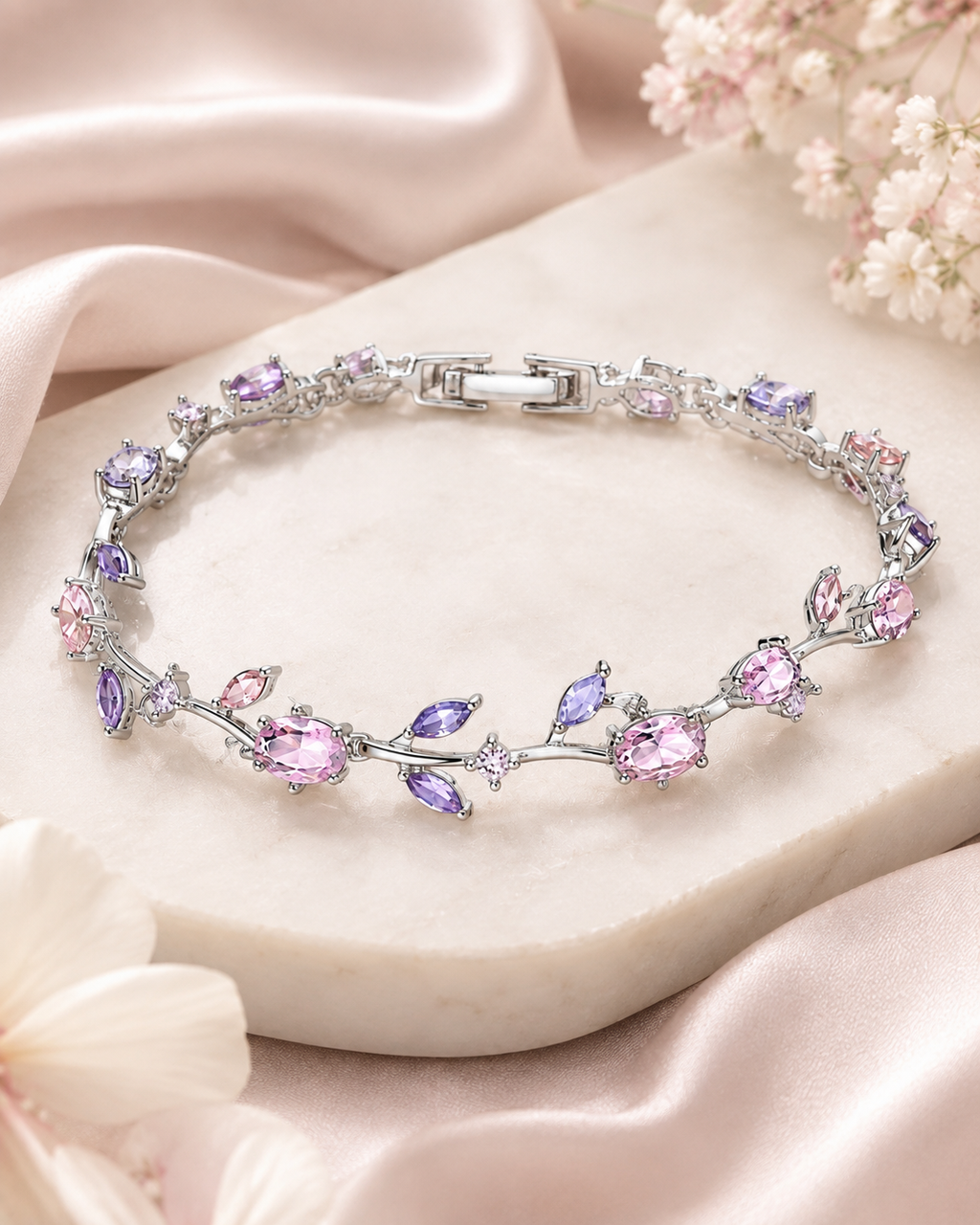 Pastel Garden Bracelet displayed on a neutral stone tray with satin fabric, soft floral styling, and pastel gemstone details.