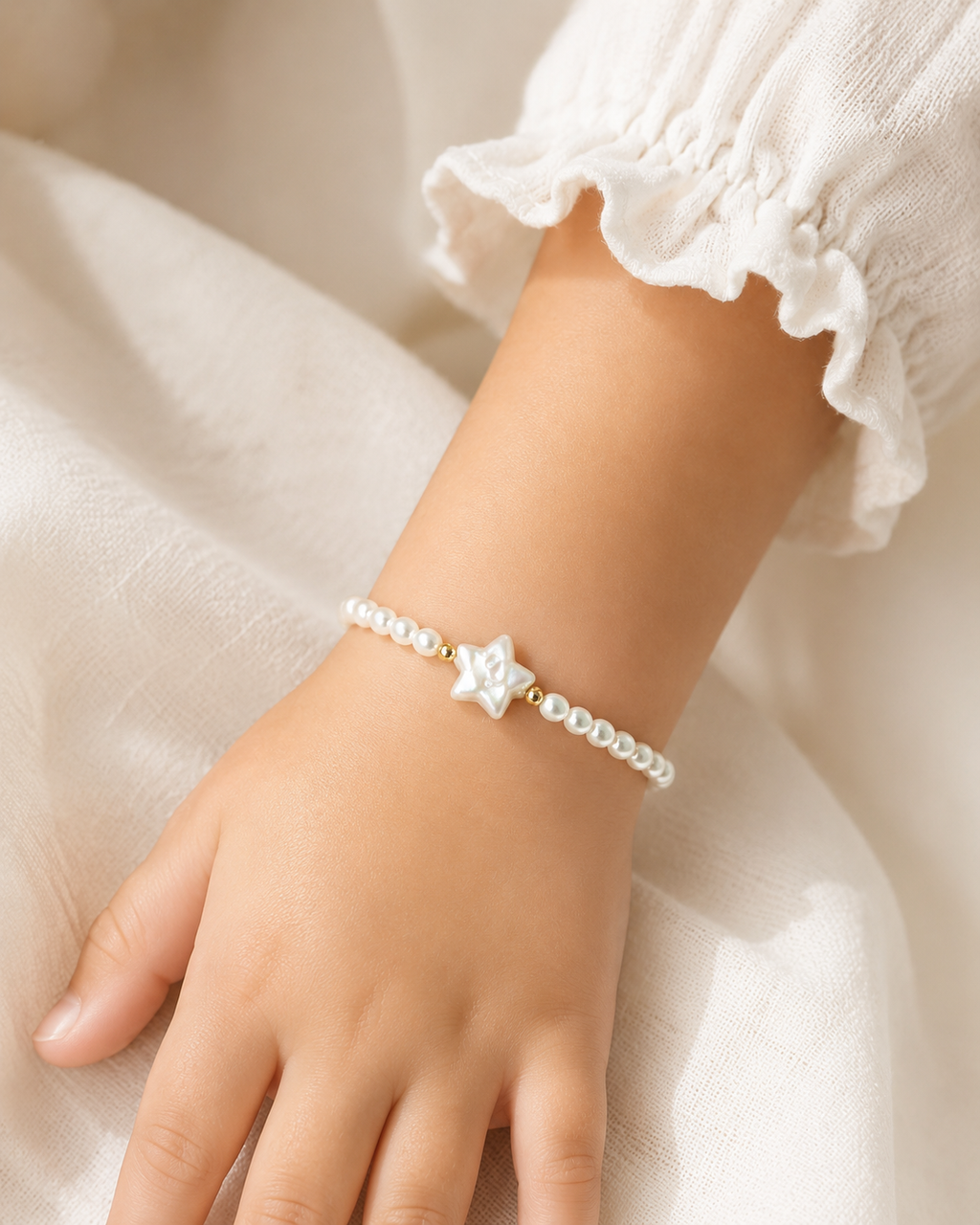 Starlight Pearl Bracelet with round pearl beads and pearl star centerpiece worn on wrist.