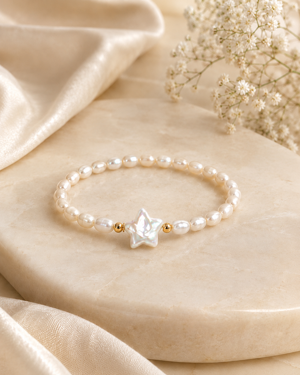 Pearl star bracelet displayed on a neutral stone tray with soft satin fabric and delicate floral styling.